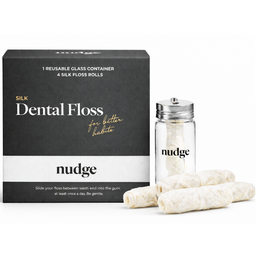 Nudge PFAS Free Silk Dental Floss with Reusable Glass Dispenser and 4 x 30 m Refills